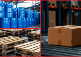 Industrial packaging setup showing blue chemical drums, stacked wooden pallets, and a sealed corrugated box in a warehouse.