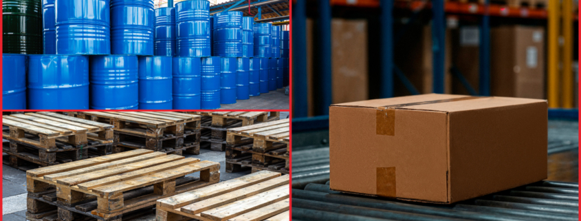 Industrial packaging setup showing blue chemical drums, stacked wooden pallets, and a sealed corrugated box in a warehouse.