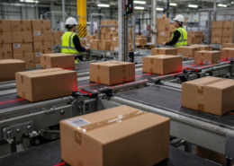 Cardboard boxes moving on an automated warehouse conveyor