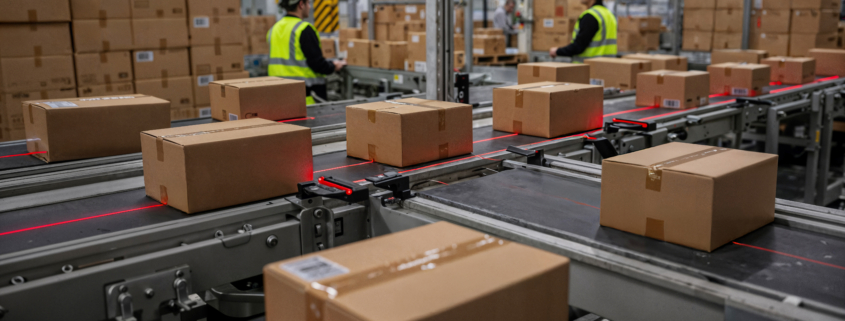 Cardboard boxes moving on an automated warehouse conveyor