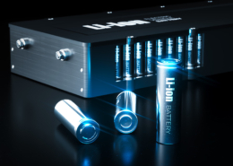 Lithium-ion batteries with a battery charger showcasing energy storage technology